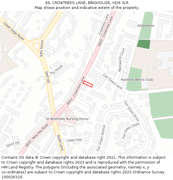69, CROWTREES LANE, BRIGHOUSE, HD6 3LR: Location map and indicative extent of plot