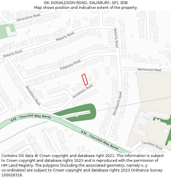 69, DONALDSON ROAD, SALISBURY, SP1 3DB: Location map and indicative extent of plot