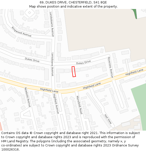 69, DUKES DRIVE, CHESTERFIELD, S41 8QE: Location map and indicative extent of plot