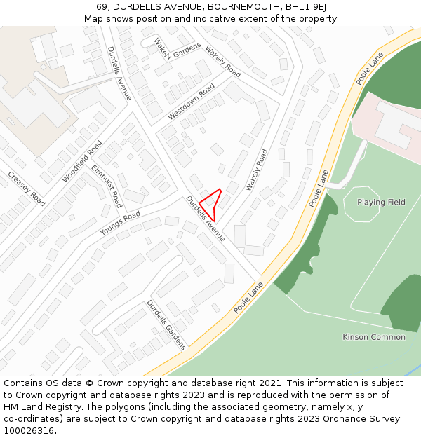 69, DURDELLS AVENUE, BOURNEMOUTH, BH11 9EJ: Location map and indicative extent of plot