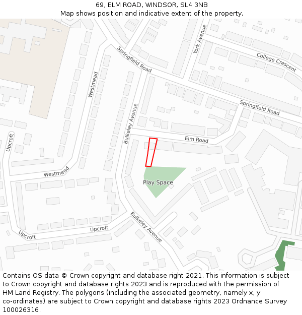 69, ELM ROAD, WINDSOR, SL4 3NB: Location map and indicative extent of plot