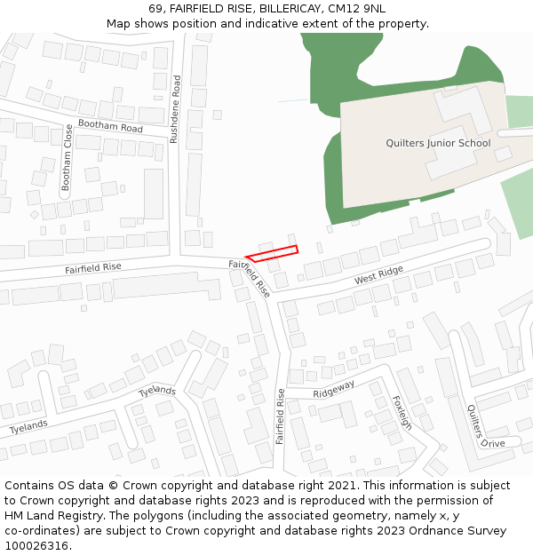 69, FAIRFIELD RISE, BILLERICAY, CM12 9NL: Location map and indicative extent of plot