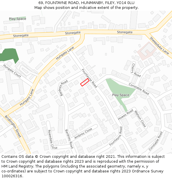 69, FOUNTAYNE ROAD, HUNMANBY, FILEY, YO14 0LU: Location map and indicative extent of plot