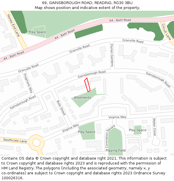 69, GAINSBOROUGH ROAD, READING, RG30 3BU: Location map and indicative extent of plot