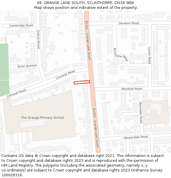 69, GRANGE LANE SOUTH, SCUNTHORPE, DN16 3BW: Location map and indicative extent of plot