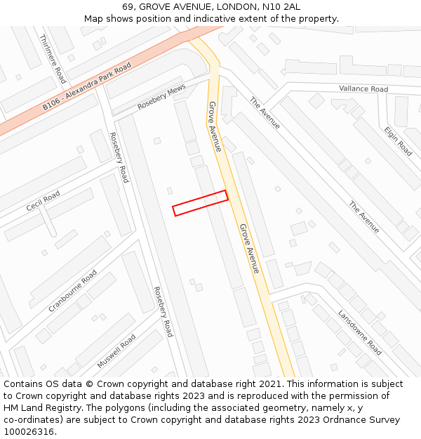 69, GROVE AVENUE, LONDON, N10 2AL: Location map and indicative extent of plot