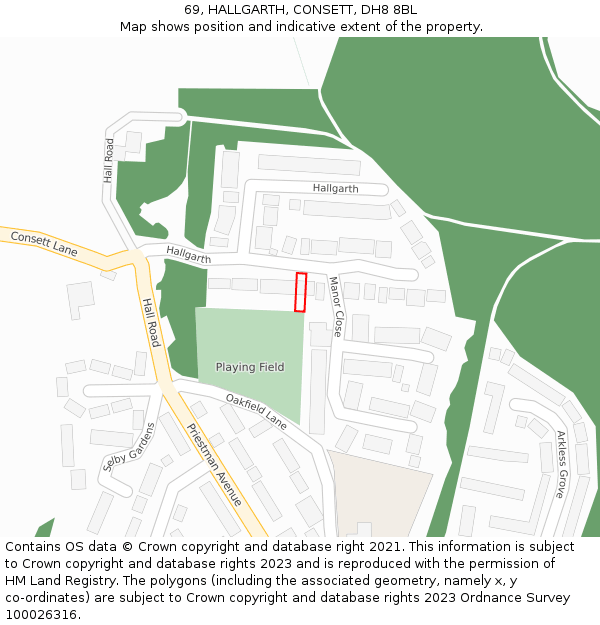 69, HALLGARTH, CONSETT, DH8 8BL: Location map and indicative extent of plot