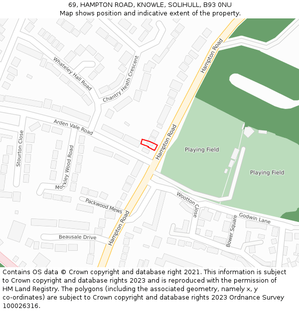 69, HAMPTON ROAD, KNOWLE, SOLIHULL, B93 0NU: Location map and indicative extent of plot