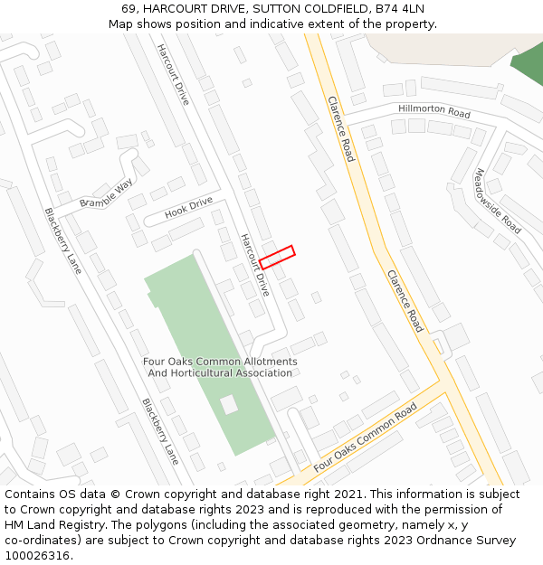 69, HARCOURT DRIVE, SUTTON COLDFIELD, B74 4LN: Location map and indicative extent of plot