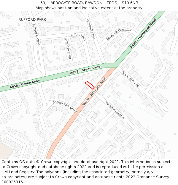 69, HARROGATE ROAD, RAWDON, LEEDS, LS19 6NB: Location map and indicative extent of plot