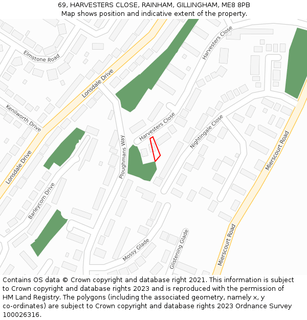 69, HARVESTERS CLOSE, RAINHAM, GILLINGHAM, ME8 8PB: Location map and indicative extent of plot