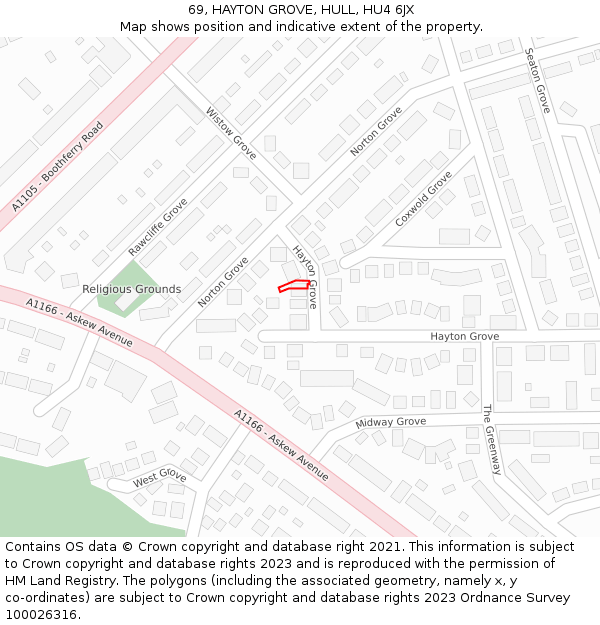 69, HAYTON GROVE, HULL, HU4 6JX: Location map and indicative extent of plot