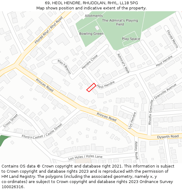 69, HEOL HENDRE, RHUDDLAN, RHYL, LL18 5PG: Location map and indicative extent of plot