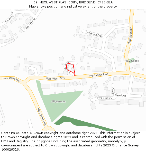 69, HEOL WEST PLAS, COITY, BRIDGEND, CF35 6BA: Location map and indicative extent of plot