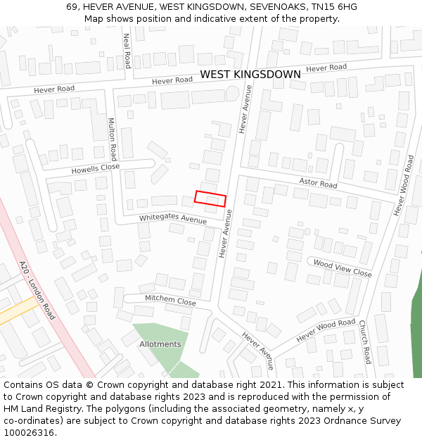 69, HEVER AVENUE, WEST KINGSDOWN, SEVENOAKS, TN15 6HG: Location map and indicative extent of plot