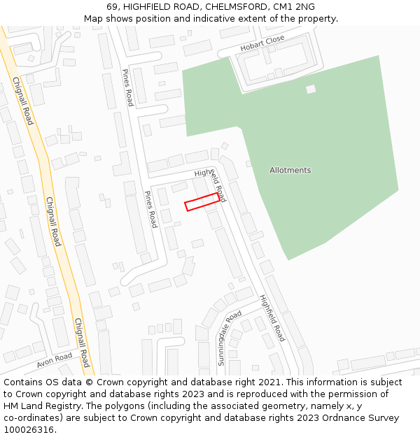 69, HIGHFIELD ROAD, CHELMSFORD, CM1 2NG: Location map and indicative extent of plot