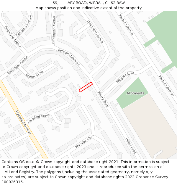 69, HILLARY ROAD, WIRRAL, CH62 8AW: Location map and indicative extent of plot