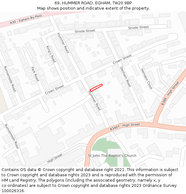 69, HUMMER ROAD, EGHAM, TW20 9BP: Location map and indicative extent of plot