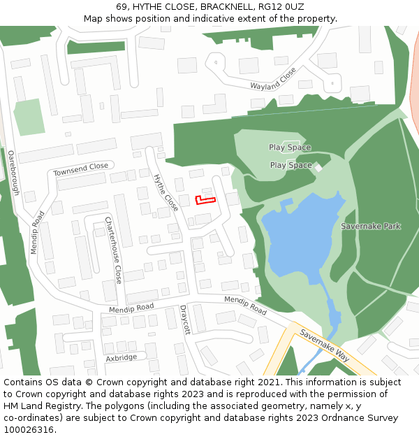 69, HYTHE CLOSE, BRACKNELL, RG12 0UZ: Location map and indicative extent of plot