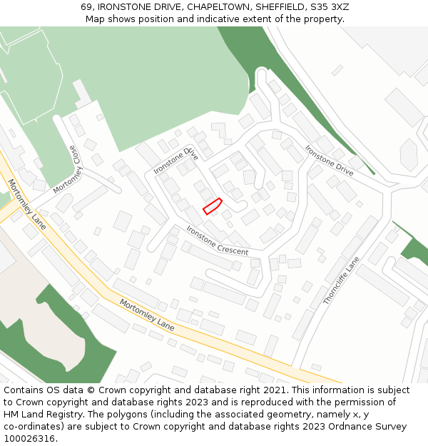 69, IRONSTONE DRIVE, CHAPELTOWN, SHEFFIELD, S35 3XZ: Location map and indicative extent of plot
