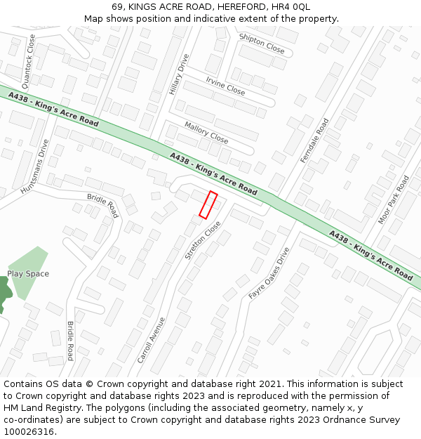 69, KINGS ACRE ROAD, HEREFORD, HR4 0QL: Location map and indicative extent of plot
