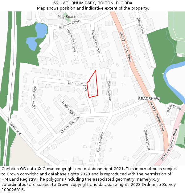 69, LABURNUM PARK, BOLTON, BL2 3BX: Location map and indicative extent of plot