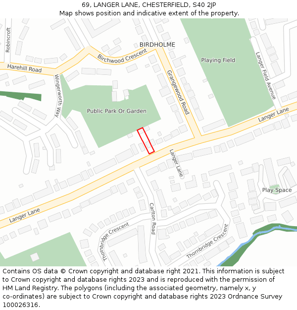 69, LANGER LANE, CHESTERFIELD, S40 2JP: Location map and indicative extent of plot
