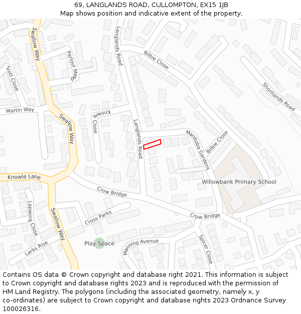 69, LANGLANDS ROAD, CULLOMPTON, EX15 1JB: Location map and indicative extent of plot
