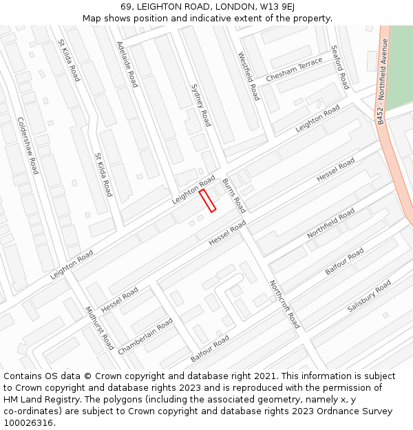 69, LEIGHTON ROAD, LONDON, W13 9EJ: Location map and indicative extent of plot