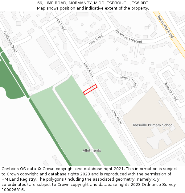 69, LIME ROAD, NORMANBY, MIDDLESBROUGH, TS6 0BT: Location map and indicative extent of plot
