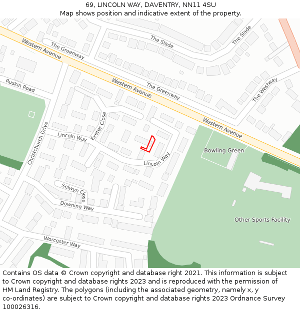 69, LINCOLN WAY, DAVENTRY, NN11 4SU: Location map and indicative extent of plot