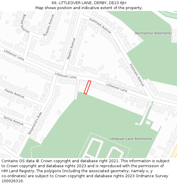 69, LITTLEOVER LANE, DERBY, DE23 6JH: Location map and indicative extent of plot