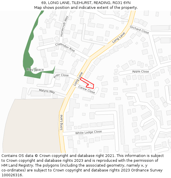69, LONG LANE, TILEHURST, READING, RG31 6YN: Location map and indicative extent of plot