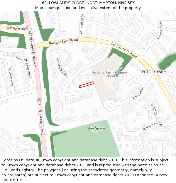 69, LOWLANDS CLOSE, NORTHAMPTON, NN3 5EX: Location map and indicative extent of plot