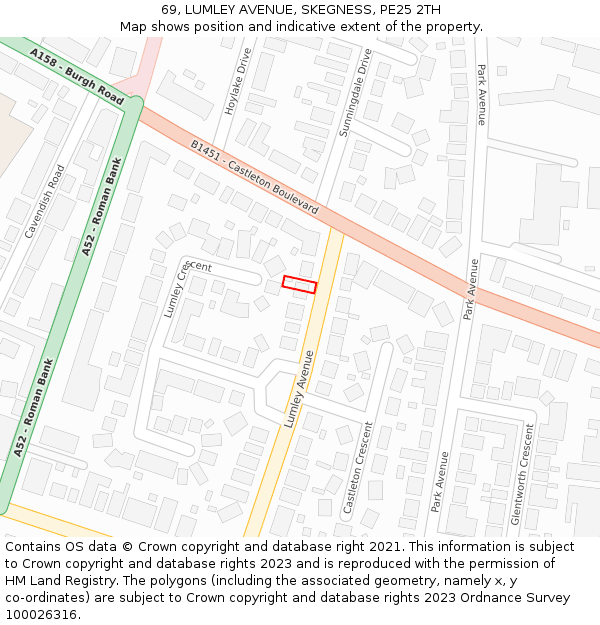 69, LUMLEY AVENUE, SKEGNESS, PE25 2TH: Location map and indicative extent of plot