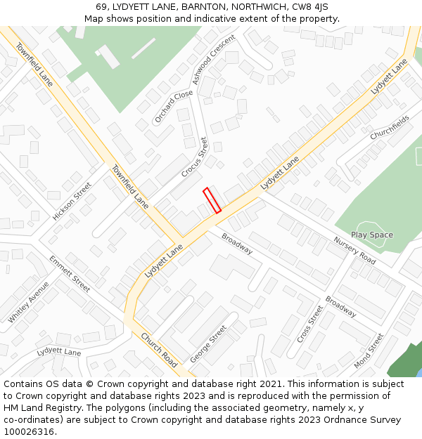 69, LYDYETT LANE, BARNTON, NORTHWICH, CW8 4JS: Location map and indicative extent of plot