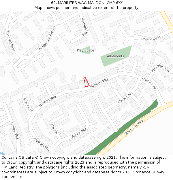 69, MARINERS WAY, MALDON, CM9 6YX: Location map and indicative extent of plot
