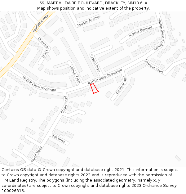69, MARTIAL DAIRE BOULEVARD, BRACKLEY, NN13 6LX: Location map and indicative extent of plot