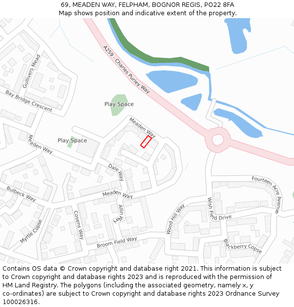 69, MEADEN WAY, FELPHAM, BOGNOR REGIS, PO22 8FA: Location map and indicative extent of plot