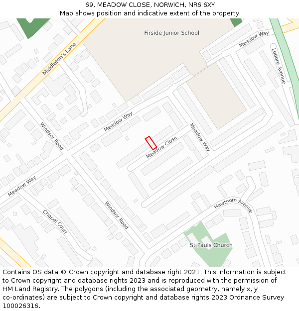 69, MEADOW CLOSE, NORWICH, NR6 6XY: Location map and indicative extent of plot