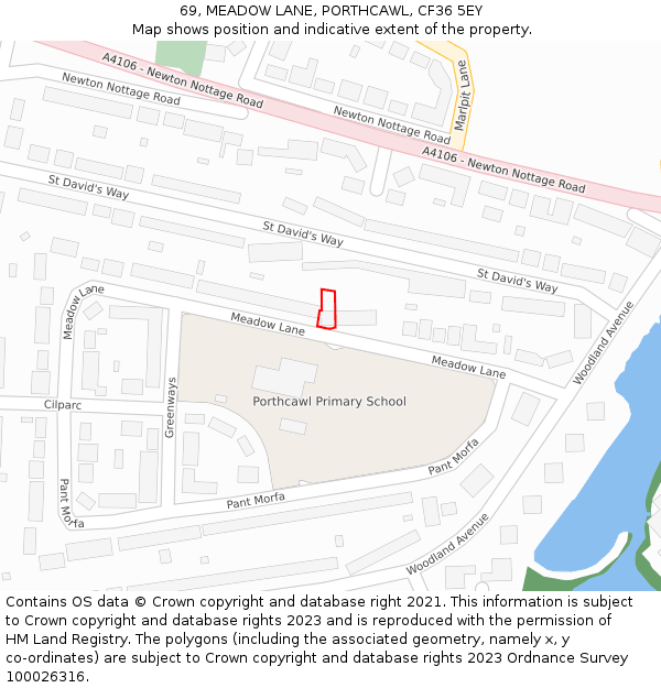 69, MEADOW LANE, PORTHCAWL, CF36 5EY: Location map and indicative extent of plot