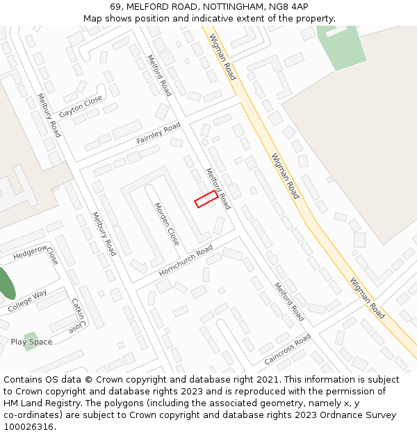 69, MELFORD ROAD, NOTTINGHAM, NG8 4AP: Location map and indicative extent of plot