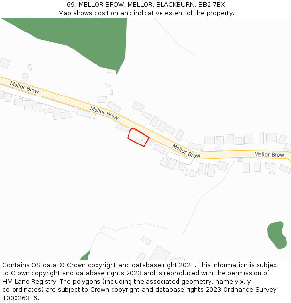 69, MELLOR BROW, MELLOR, BLACKBURN, BB2 7EX: Location map and indicative extent of plot
