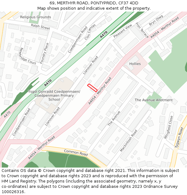 69, MERTHYR ROAD, PONTYPRIDD, CF37 4DD: Location map and indicative extent of plot