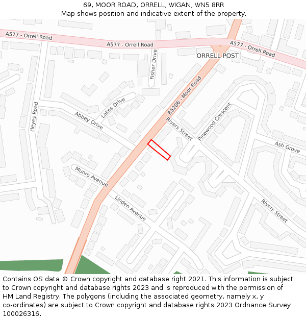 69, MOOR ROAD, ORRELL, WIGAN, WN5 8RR: Location map and indicative extent of plot
