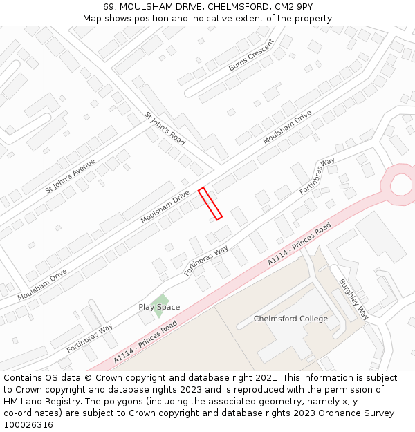 69, MOULSHAM DRIVE, CHELMSFORD, CM2 9PY: Location map and indicative extent of plot
