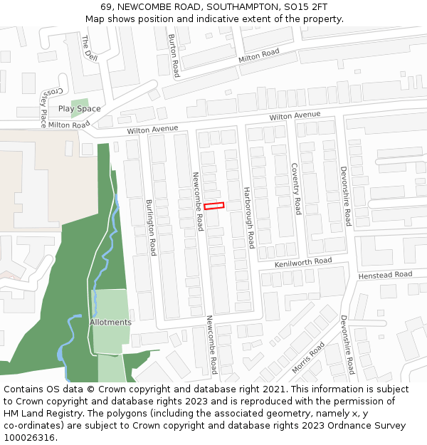 69, NEWCOMBE ROAD, SOUTHAMPTON, SO15 2FT: Location map and indicative extent of plot