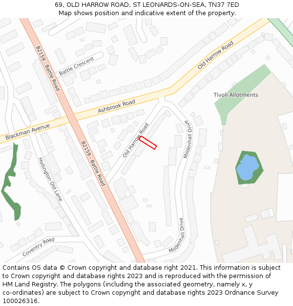 69, OLD HARROW ROAD, ST LEONARDS-ON-SEA, TN37 7ED: Location map and indicative extent of plot