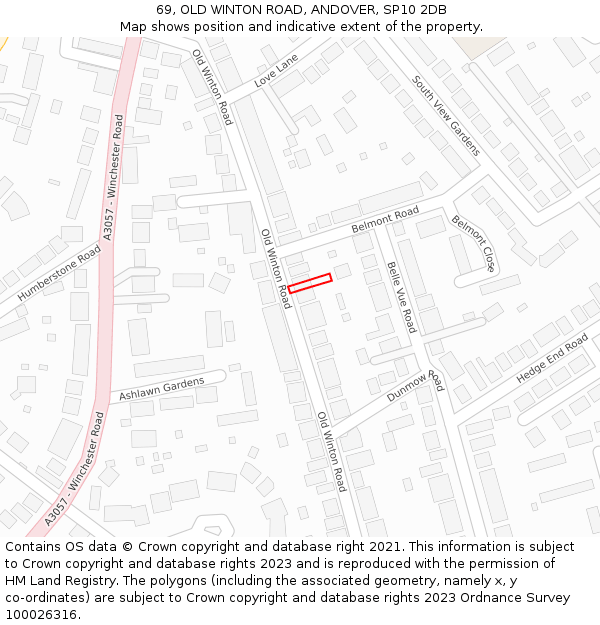 69, OLD WINTON ROAD, ANDOVER, SP10 2DB: Location map and indicative extent of plot