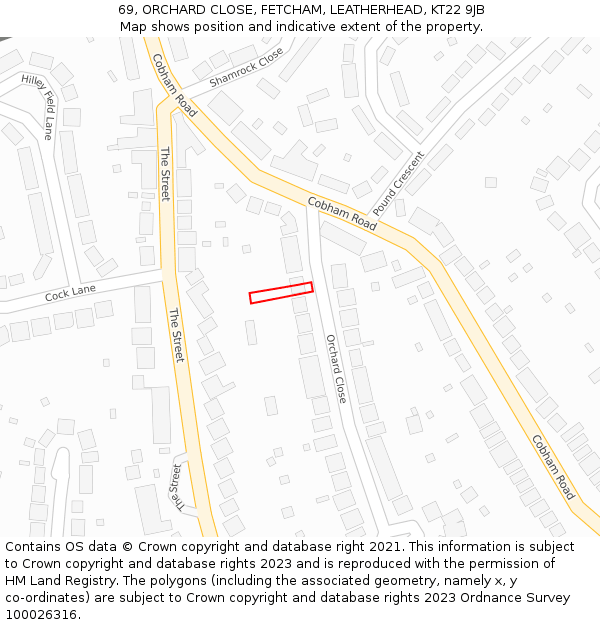 69, ORCHARD CLOSE, FETCHAM, LEATHERHEAD, KT22 9JB: Location map and indicative extent of plot